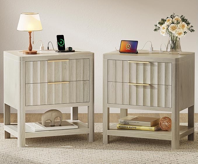 Huuger 27.6 Inch Tall Night Stands with Charger Station, USB-C Port, Fluted Nightstand Set of 2, Larger Wider Bed Side Table with 2 Deep Drawers, Open Shelf, Bedroom Living Room End Table, Grey