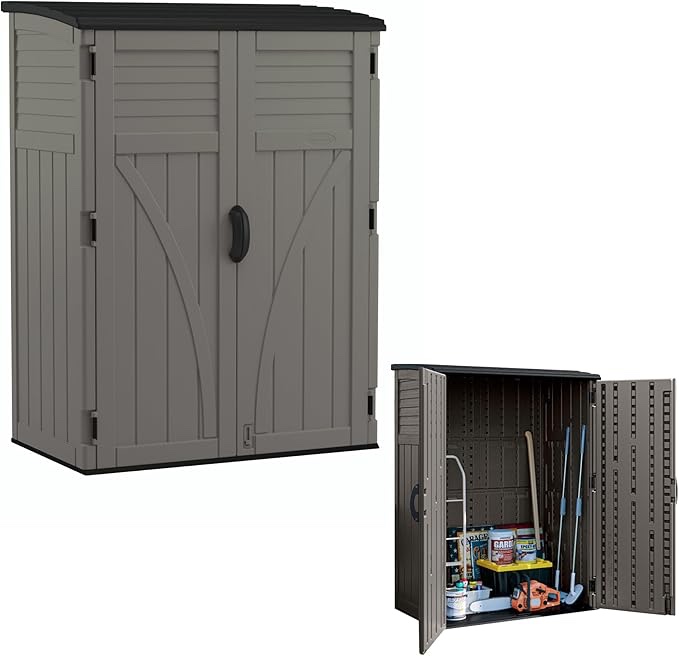 Suncast Outdoor Storage Cabinet Waterproof Resin Vertical Outdoor Storage Shed (54 cu. ft.) for Patio, Garden Tools, Cushions, & Equipment. Weatherproof Plastic Multi-Wall Design, Capacity Made in USA- (incomplete one box of two only)
