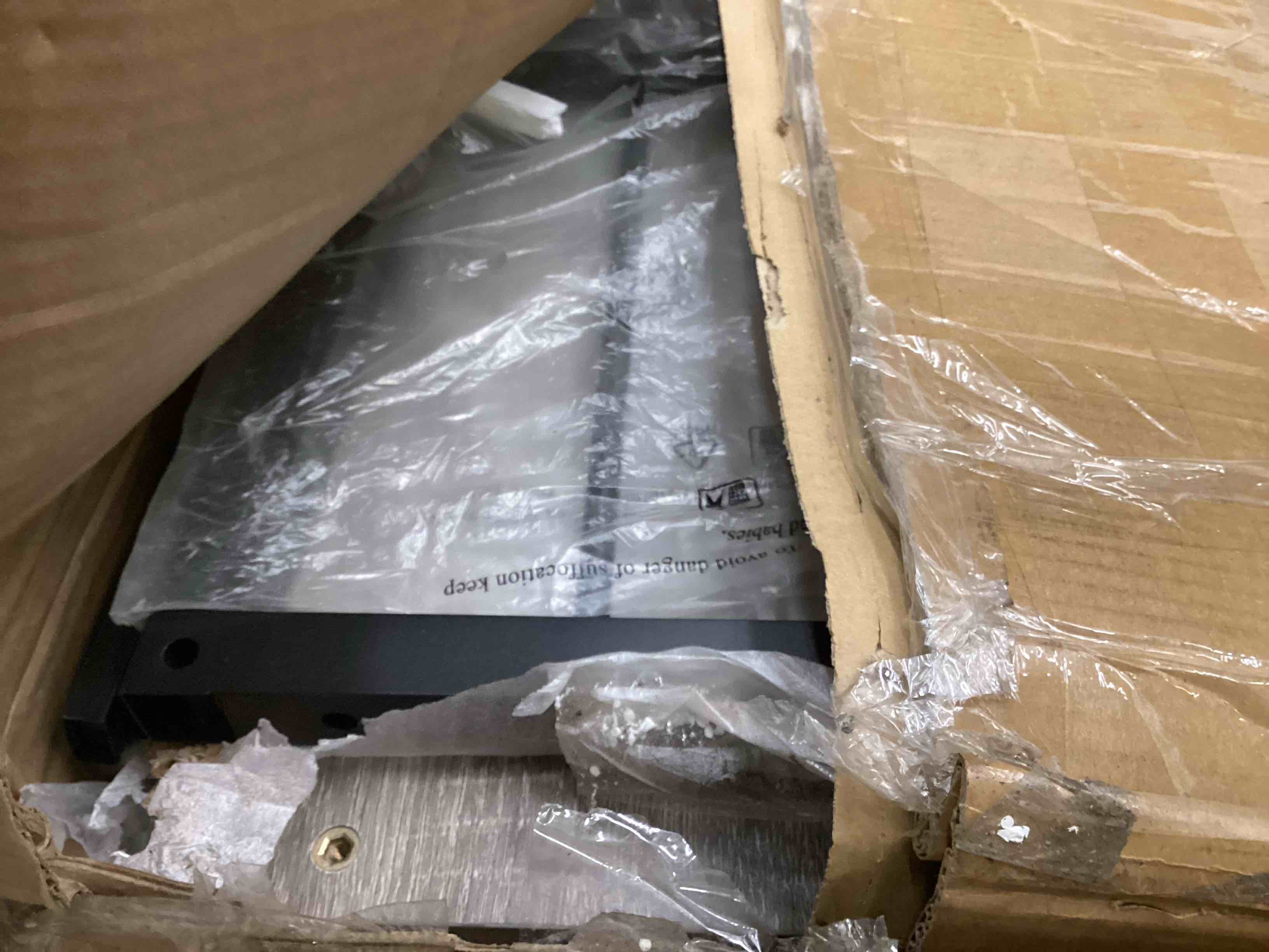 Condition photo showing As Is for IBF Low Long Horizontal Bookshelf, Industrial Modern 3 Tier Etagere Bookcase, Large Wide Open Rustic Metal and Wood Grey Book Shelf for Bedroom Living Room Home Office Storage, Light Grey Oak, 63 Inch