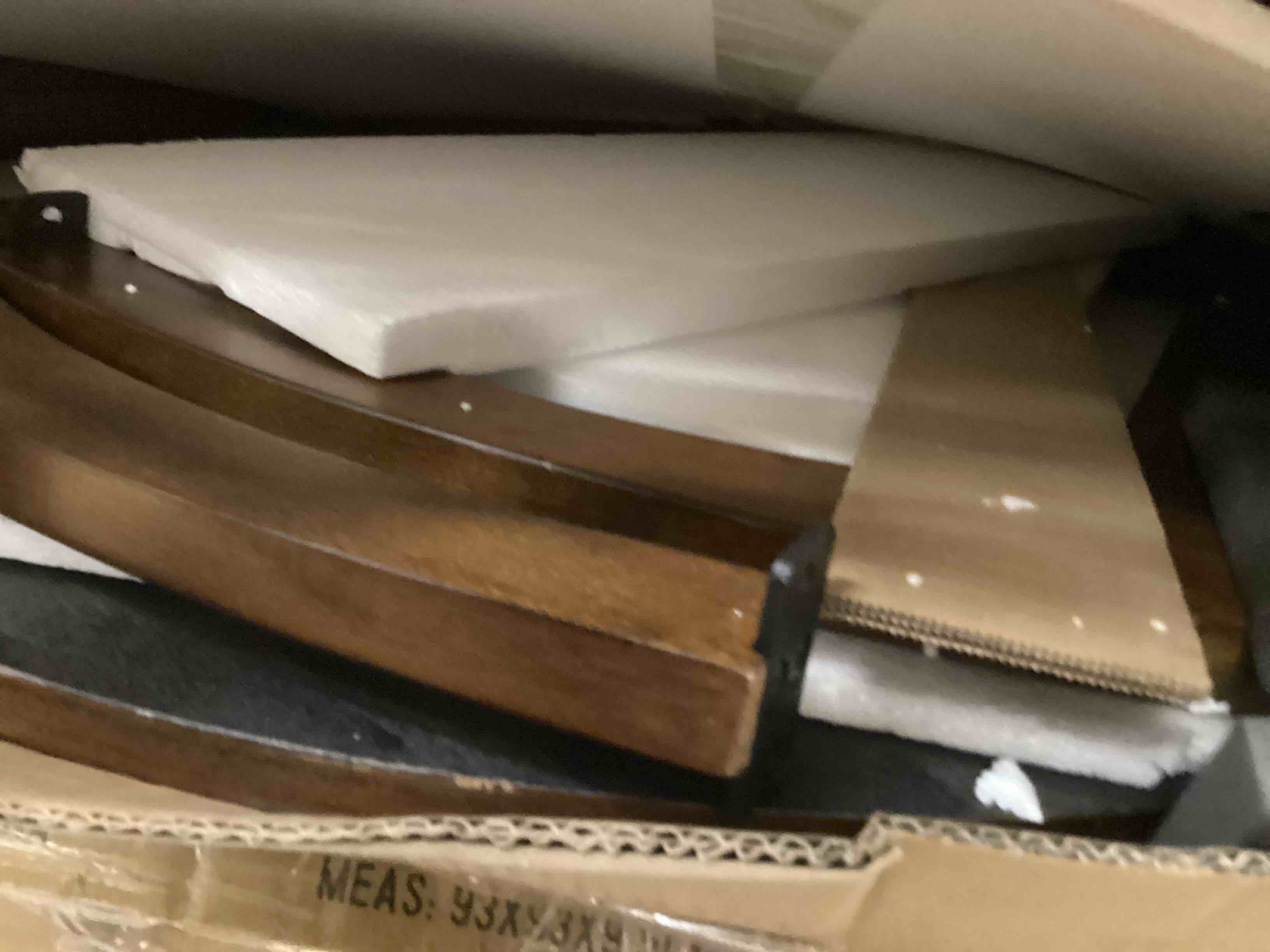 Condition photo showing As Is for Round Coffee Table for Living Room, Solid Wood Cocktail Tables With Splicing Top ,Wood Traditional Center Table-, 33.5â Mid-century Circular Tea Desk for Office, Easy Assembly, Rustic Brown KFZ3223