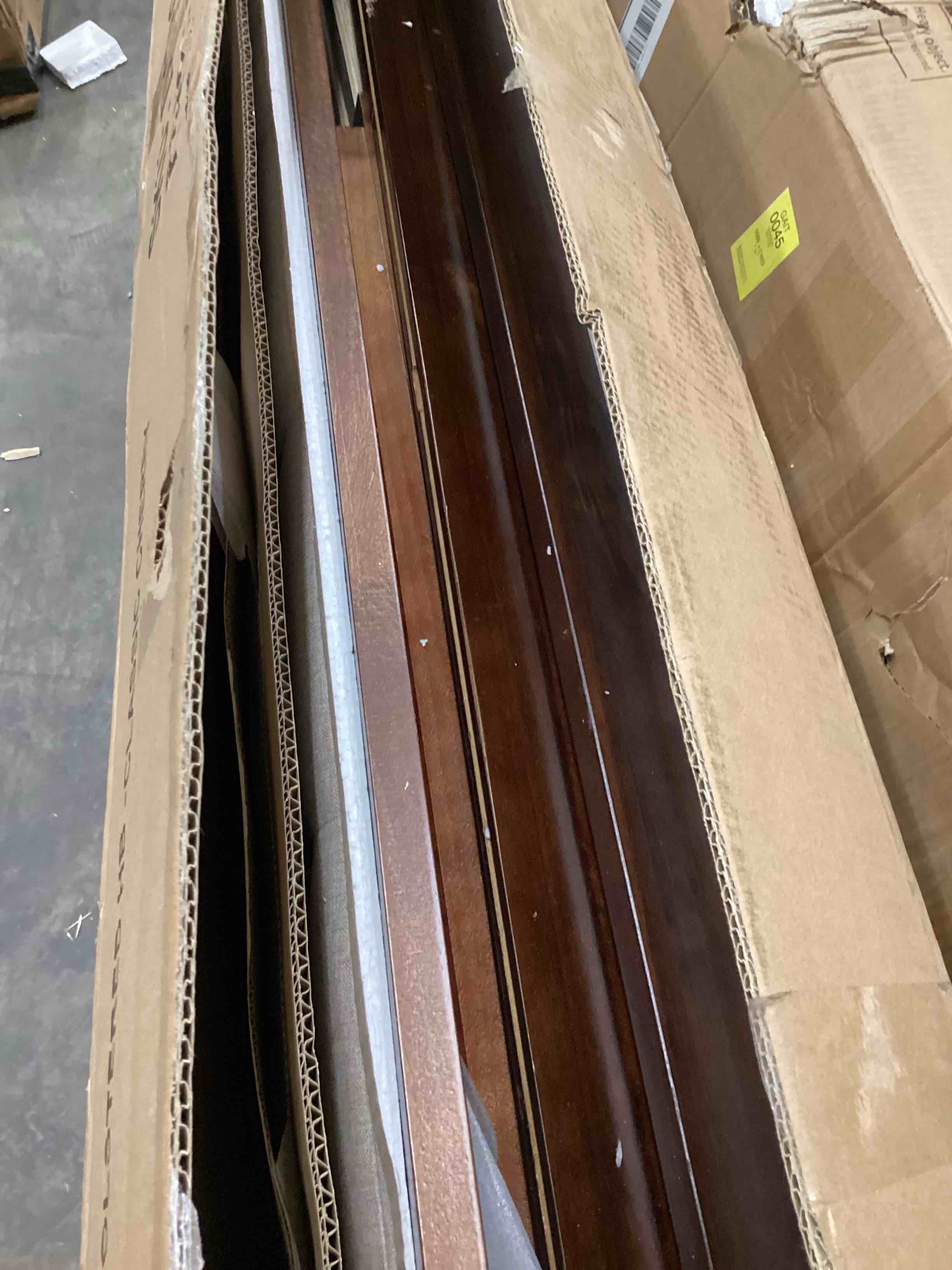 Condition photo showing As Is for Queen Size Bed Frame with Upholstered Headboard and Panel Footboard, Rustic Retro Style Pine Wood Platform Bed with Slat, No Box Spring Needed, Classic Cherry