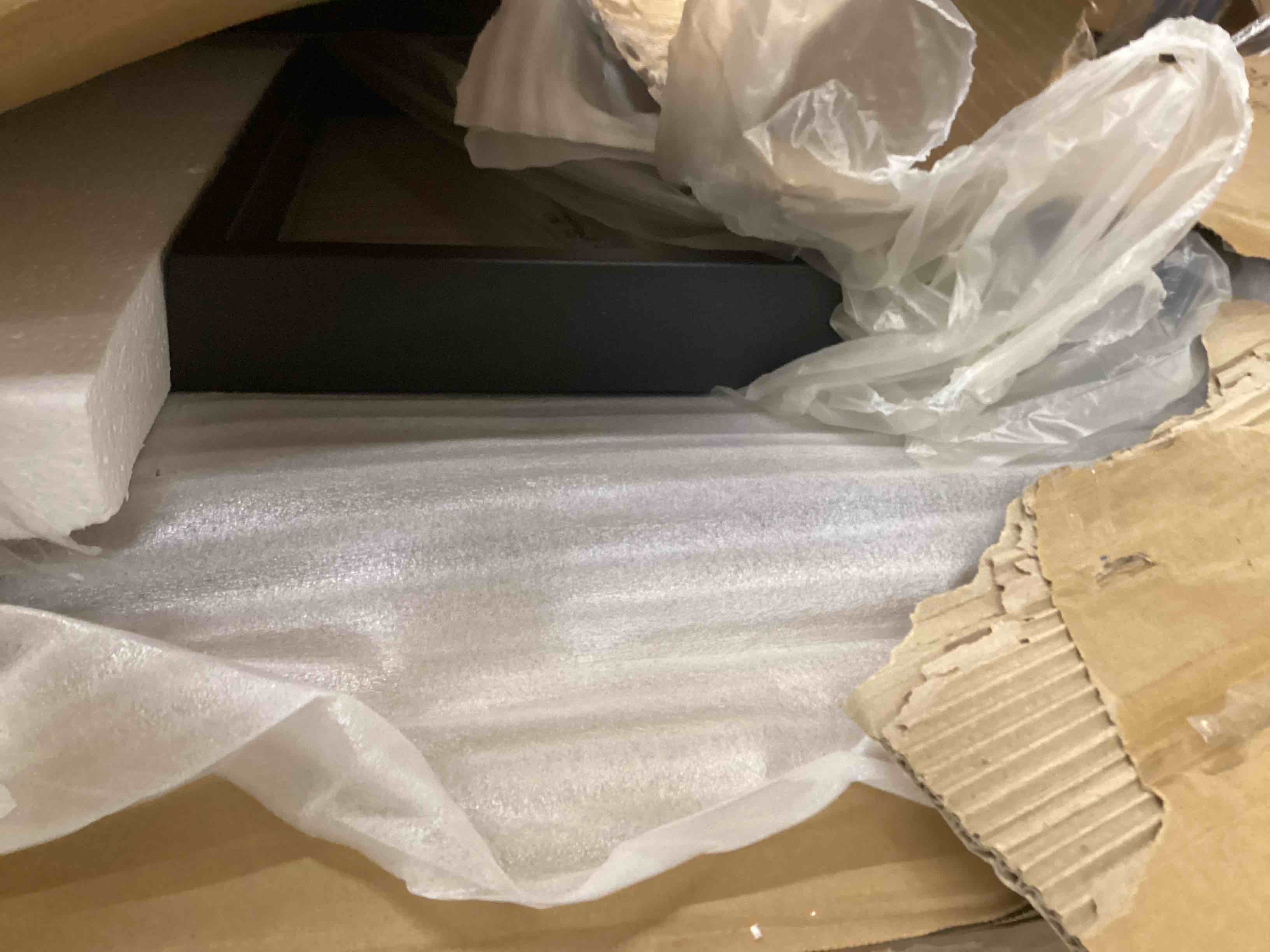 Condition photo showing As Is for HSH Rustic Walnut Coffee Table, Modern Center Table, Rectangle Industrial Living Room Coffee Table, Simple Farmhouse Wood and Metal Tea Table for Home Bedroom Office, Walnut, 47 in