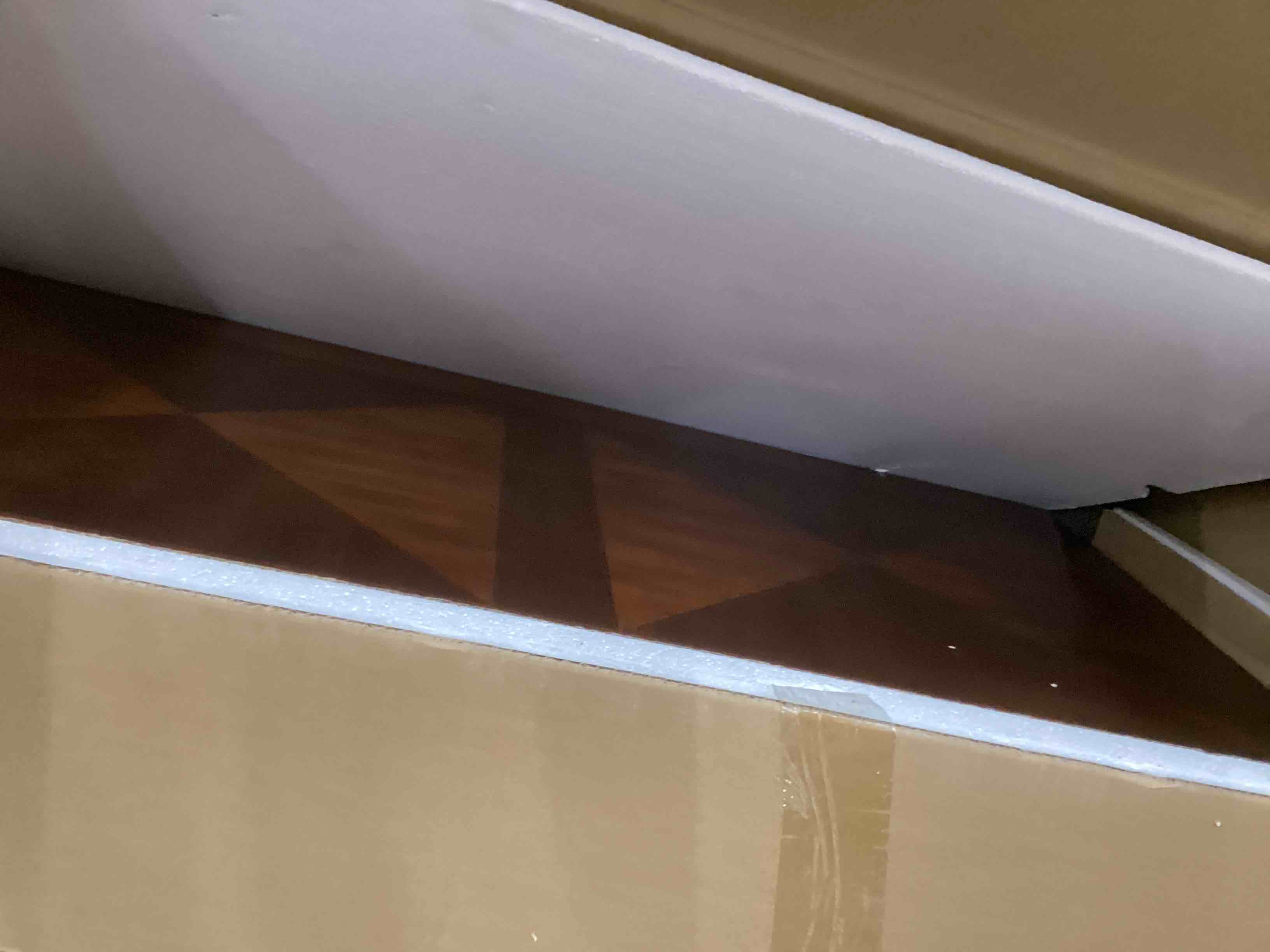 Condition photo showing As Is for Solid Wood Coffee Table with Storage Shelf, Mid-Century Living Room Tables with Carved Tabletop and Leg, 43.3” Splicing Cocktail Center Sofa Table, Cherry Brown KFZ-DR200