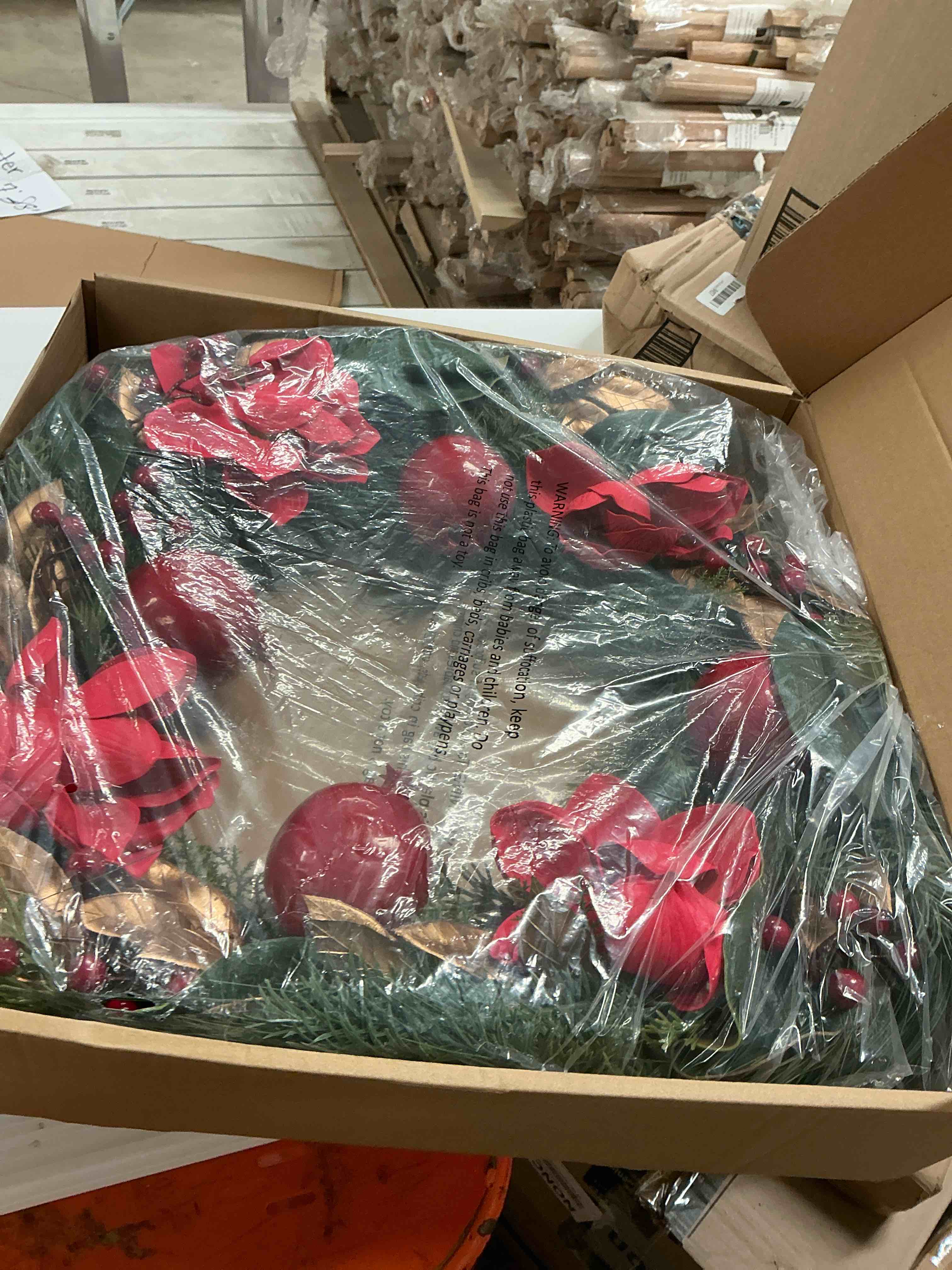 Condition photo showing New/Like New for 26" Christmas Wreath for Front Door, Red Green Artificial Wreaths with Magnolias & Pomegranates, Pine Needlesd and Red Berries — Perfect for Farmhouse Indoor Outdoor Home Rustic Winter Holiday Decor