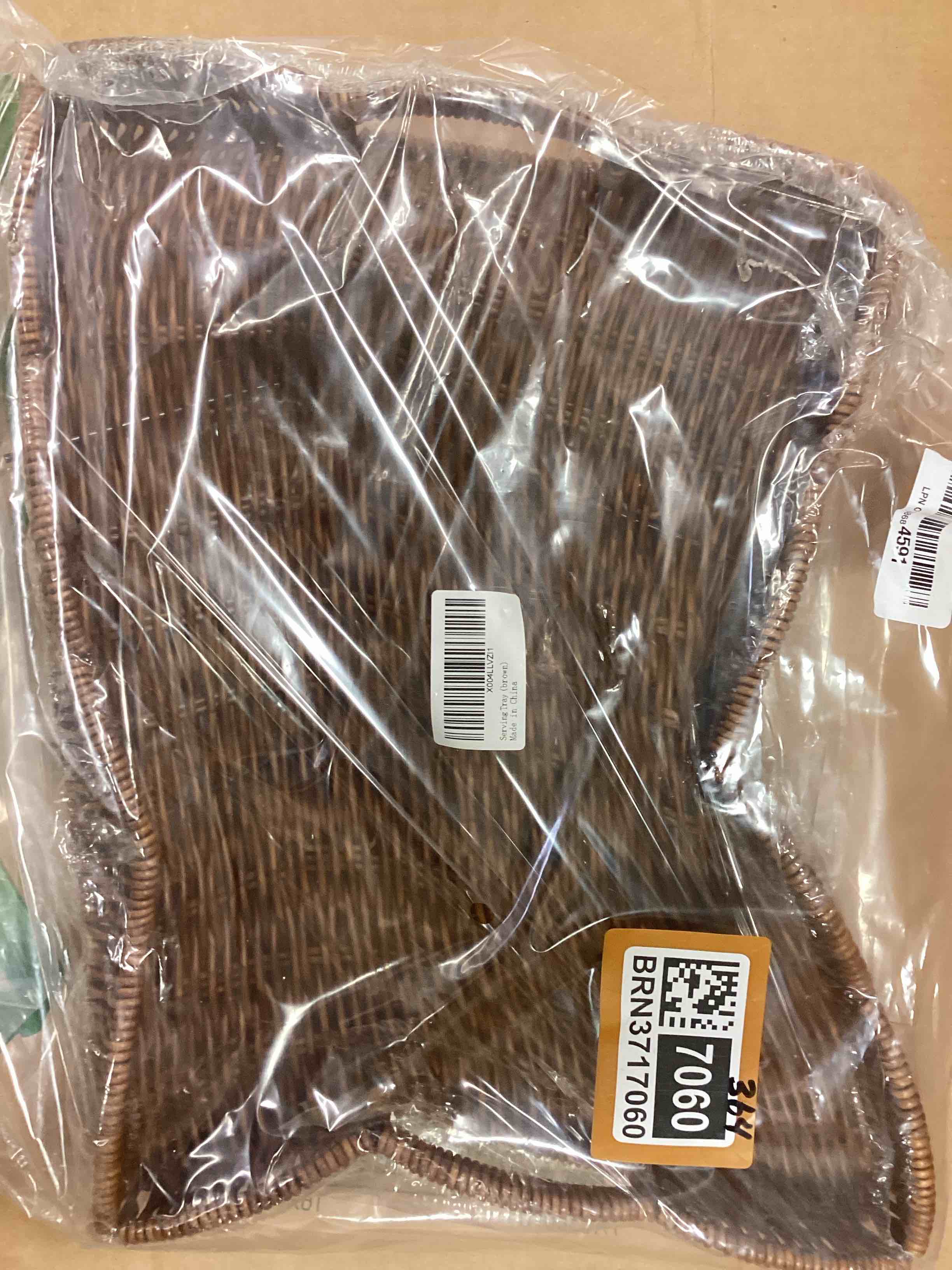 Condition photo showing As Is for Rectangle Wicker Scalloped Tray, Hand Woven Synthetic Rattan Serving Tray with Handles, Coffee Table Decorative Tray Basket for Modern Boho Rustic Home Ornament or Organizing (Brown)