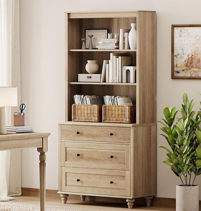 wampat 3 tier bookshelf with 3 drawers, 72" tall bookcase large farmhouse display book case shelf with 3-tier open book shelfs?library wood bookshelves for living room,kitchen, oak (incomplete one box of two only)