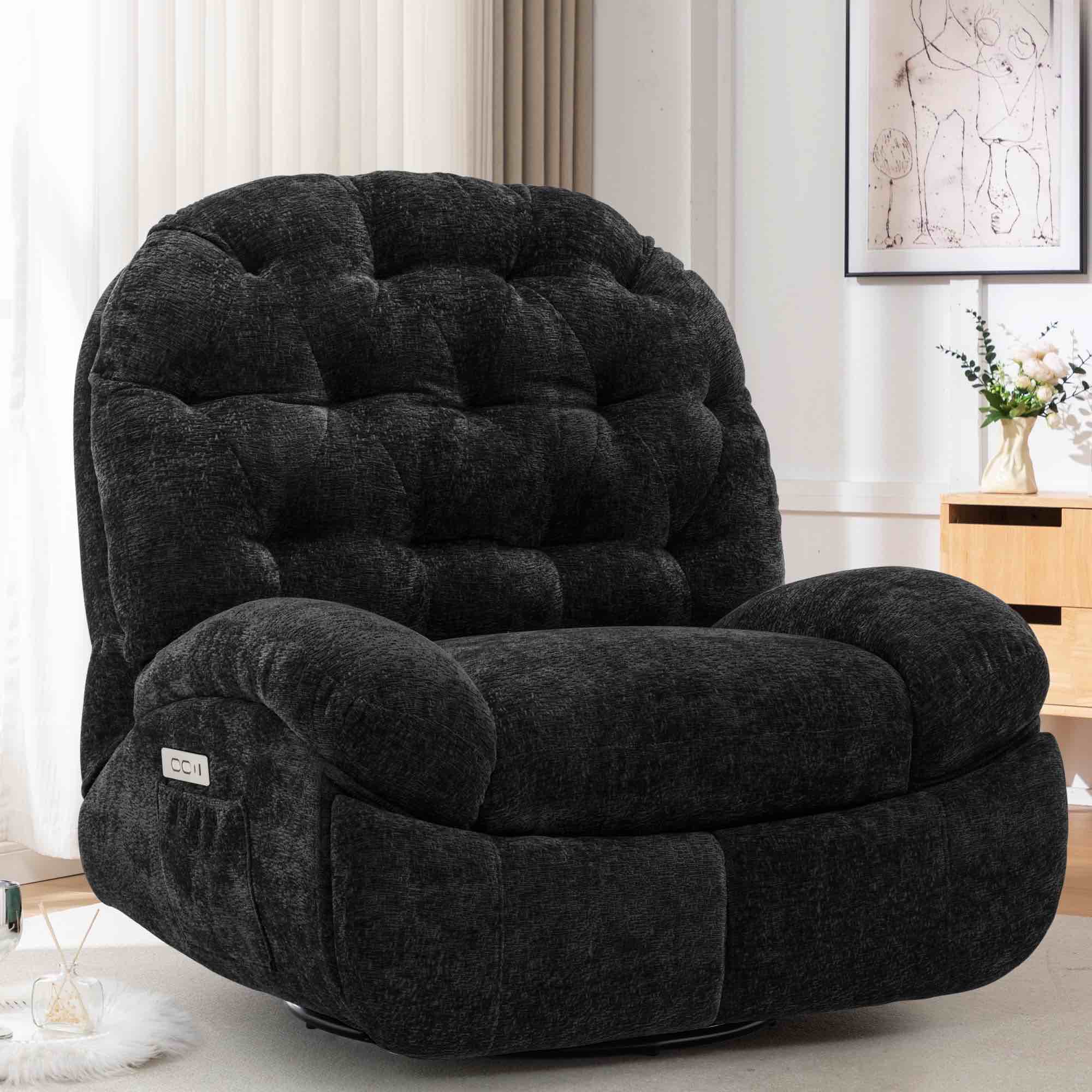 korser power swivel rocker recliner chair with usb ports chenille for living room,black (incomplete one box of two only)