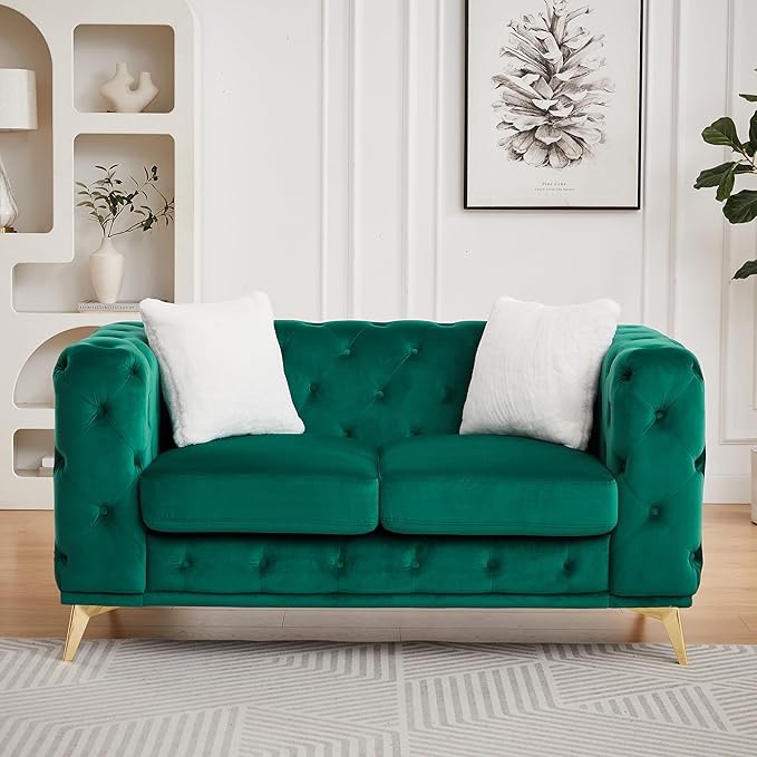 KEIKI 61" Luxury Oversized Velvet Chesterfield Sofa with 2 Pillows, Mid-Century Style 2-Seater Tufted Buttons Couch with High-Density Foam Cushions, Easy Assembly, for Apartment, Living Room, Green (incomplete one box of two only)