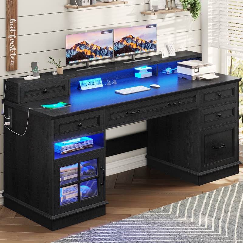 59" computer desk with 5 drawers and charging station, farmhouse office desk for home office (incomplete one box only)