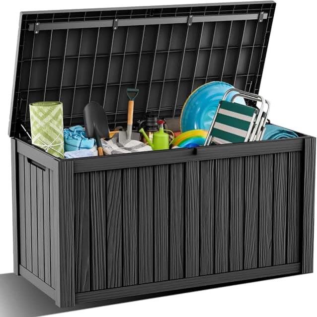180-gallon weatherproof outdoor storage box with woodgrain finish - black resin (incomplete one box only)