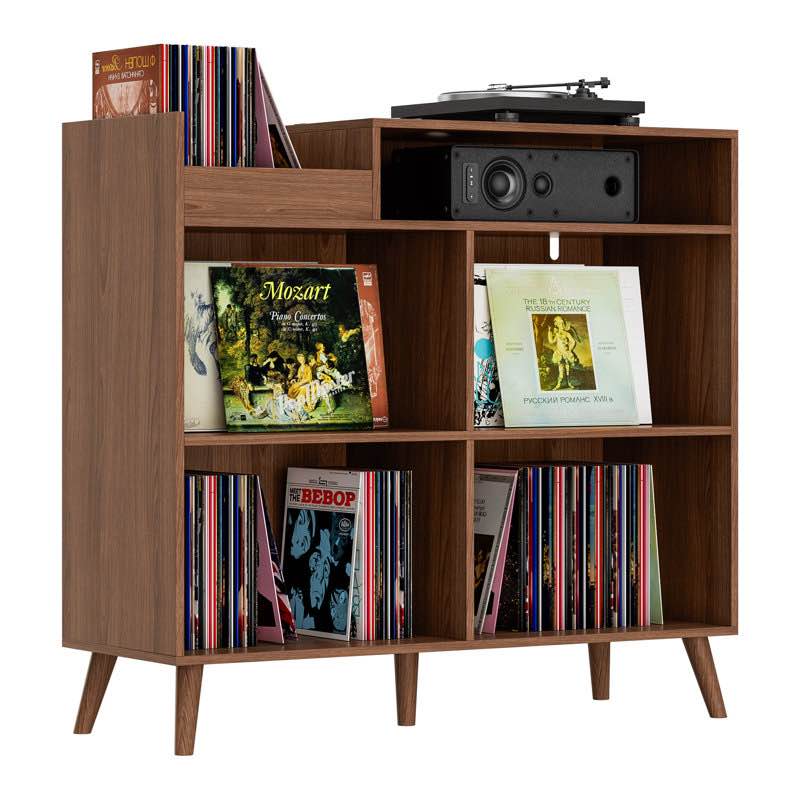 3 tier large record player stand with power outlet, vinyl record storage table holds up to 500 albums, mid-century turntable stand