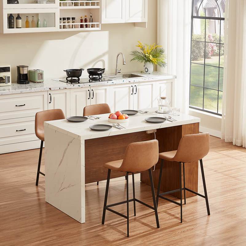 61" kitchen island with imitation marble top – portable workstation with storage shelves, power outlets & adjustable led light (incomplete one box of two only)