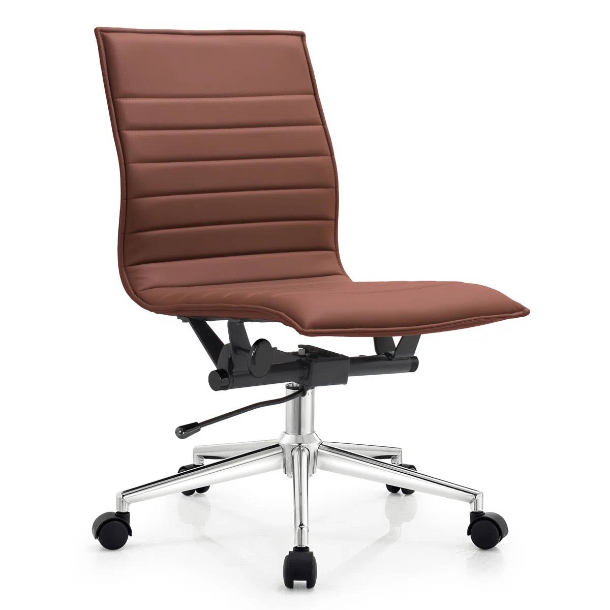 lindholm mid century modern contemporary ergonomic office chair modern wide armless with wheels pads arm faux leather swivel adjustable executive pads seat brown