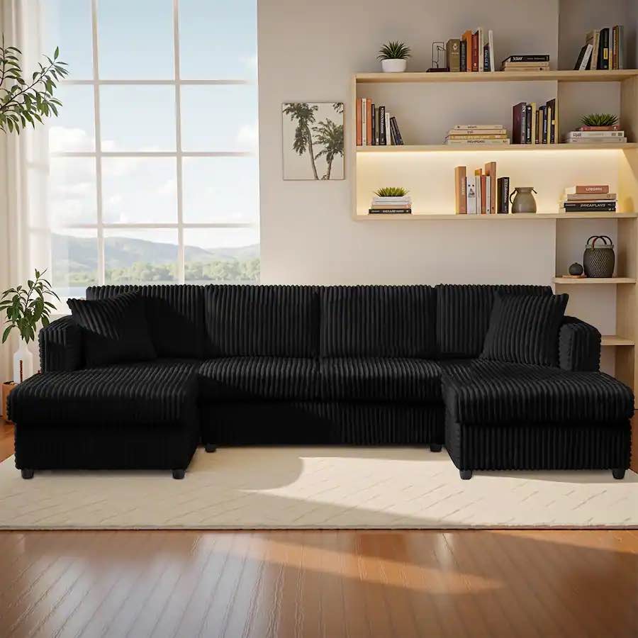 4 seater oversized modular sectional sofa, u shaped extra large corduroy couch with double chaises - black (incomplete one box only)