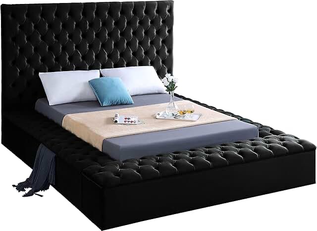 meridian furniture bliss collection modern | contemporary velvet upholstered bed with deep button tufting and storage compartments in rails and footboard, black, king (incomplete headboard only)
