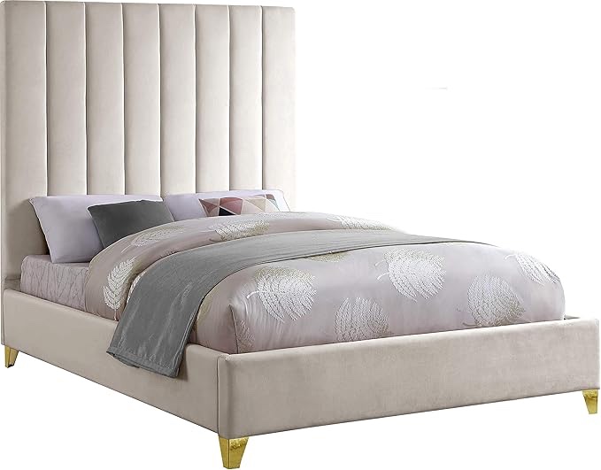 meridian furniture viacream-k via collection modern | contemporary velvet upholstered king bed, rich cream , deep channel tufting, gold and chrome legs, 81.5" w x 86" d x 70.5" h, cream