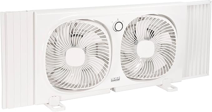 Comfort Zone Living Comfort 9-Inch Twin Window Fan with 2 Speeds & Individually 180° Rotating Fan Heads, Removable Bug Screen – Ideal for Home, Kitchen, Bedroom & Office