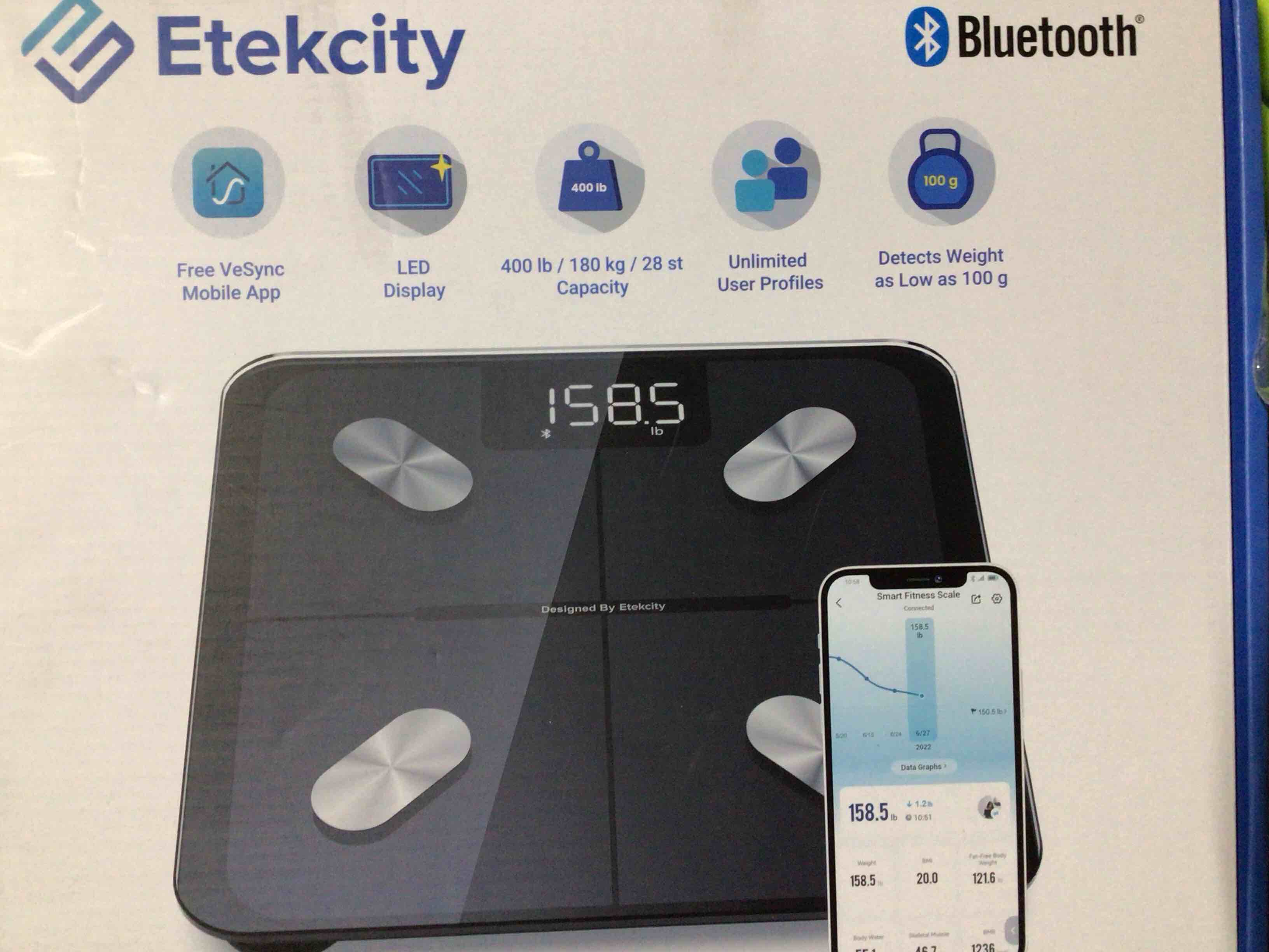 Condition photo showing New/Like New for Etekcity Smart Scale for Body Weight, Bathroom Digital Weighing Scale with BMI, Body Fat, Muscle Mass, Accurate Bluetooth Home User Health Equipment Sync Apps