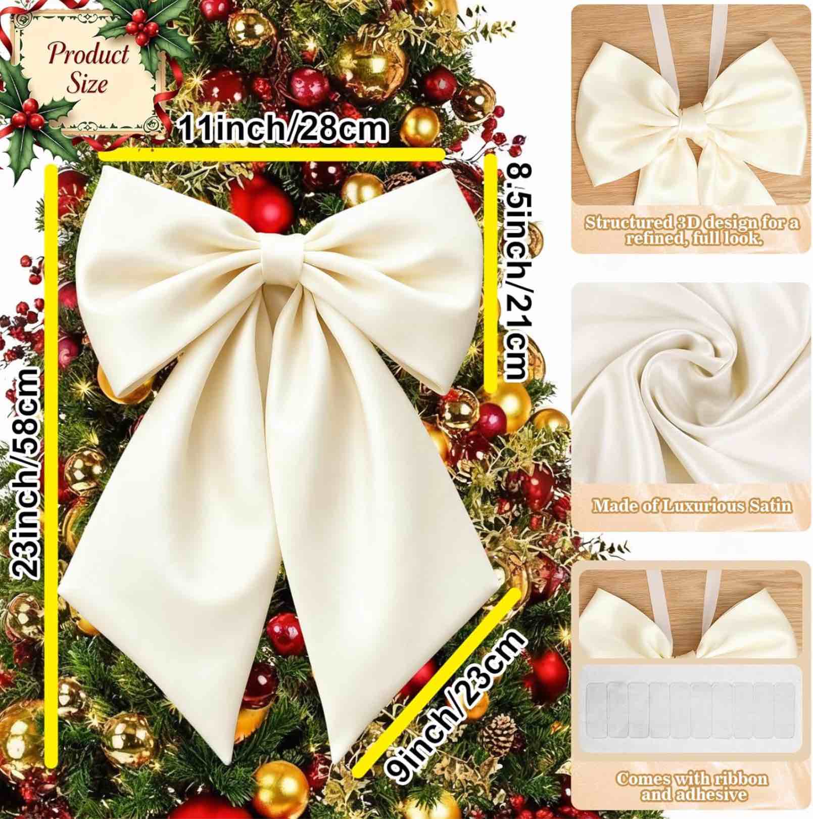 Froova Big Bow Decor Cream White Large Coquette Bow as Crib Skirt Girls Room Wall Hanging Gift Coquette Birthday Party Wedding Bridal Decor for Christmas Tree Holiday Xmas(Luxurious Satin, 23x11 in) Cream White-satin 22×11 in Bows, 3 Pcs
