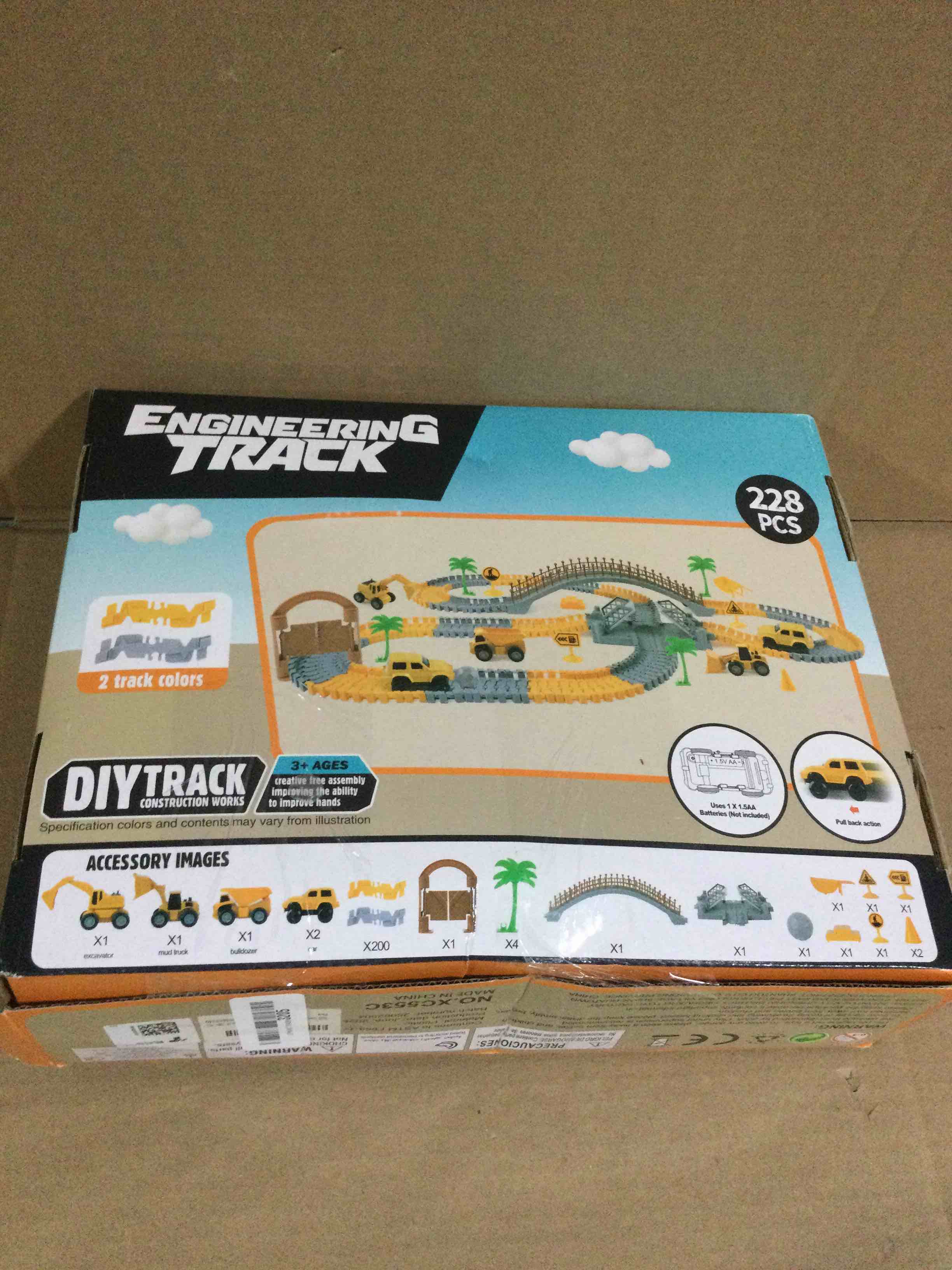 Condition photo showing Good Condition for Construction Race Car Track Set for Kids - Flexible Engineering Toys with 2 Electric Cars, Birthday Gift for 3 4 5 6 7 Year Old Boys, DIY Road Games Playset with 220+ PCS