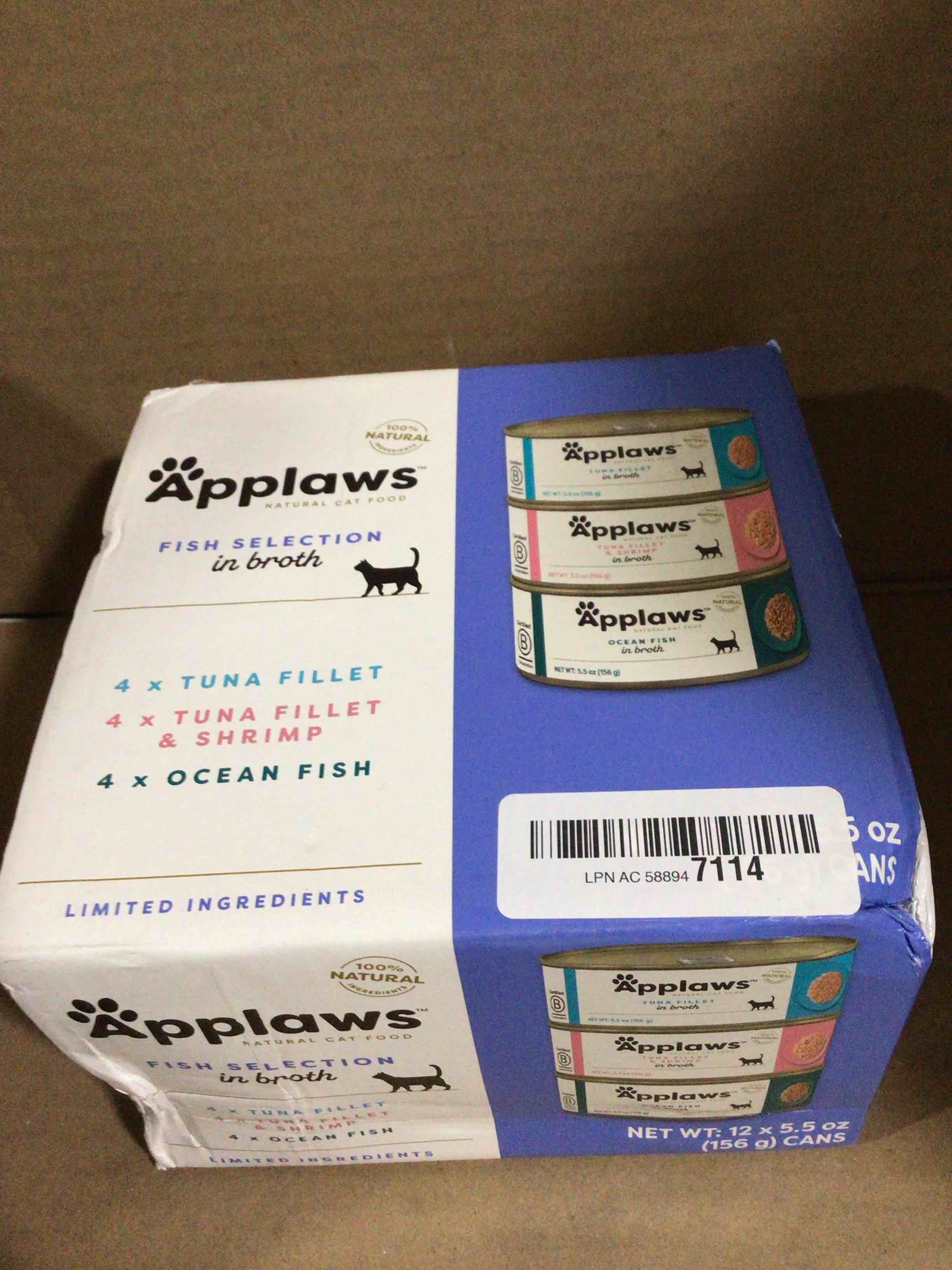 Condition photo showing New/Like New for Applaws Natural Wet Cat Food in Broth, Limited and Natural Ingredients, High Protein with No Artificial Additives, Fish Selection Variety Pack in Broth (12 x 5.5oz Cans) Fish Variety 5.5 Ounce (Pack of 12)