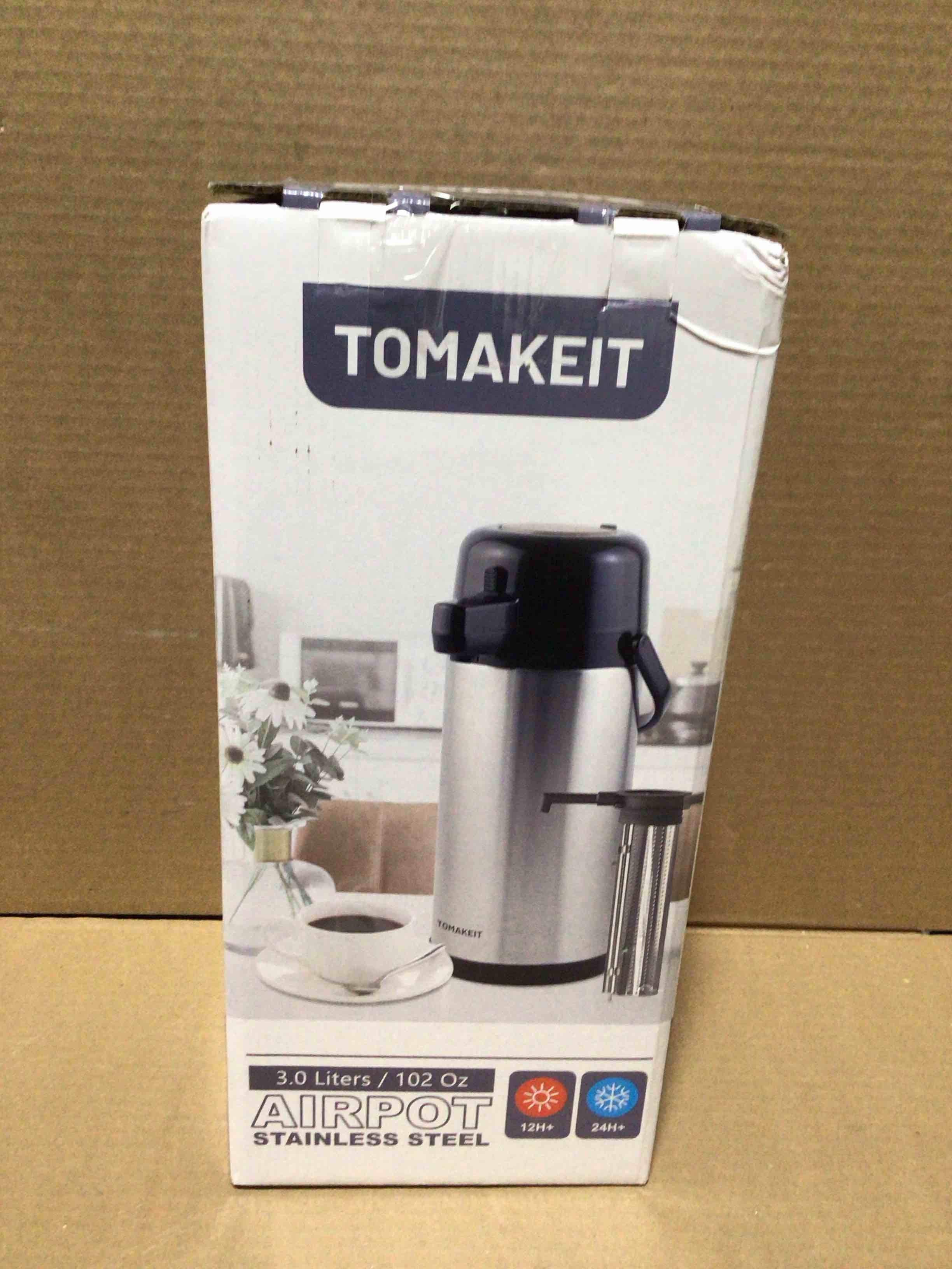 Condition photo showing New/Like New for Airpot Coffee Dispenser with Pump,102 OZ/ 3L Large Coffee Dispenser with Tea Filter for Party Hot Drinks Water Tea Chocolate Hot/Cold Water, Insulated Stainless Steel Thermal Carafes Press Pump with Tea Filter 101.4 Ounces