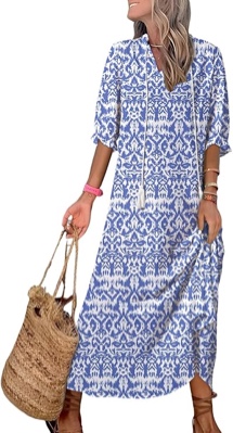 the Dokotoo Store Dokotoo Women Boho Summer Dress 2024 Frill Short Sleeve Tassel V Neck Ruffle Flowy A-Line Maxi Dresses