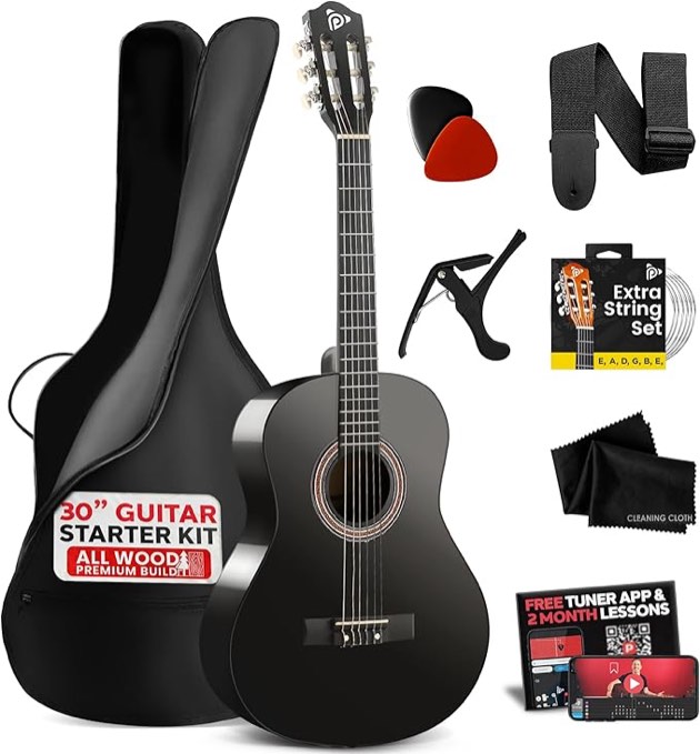 Pyle Beginner Acoustic Guitar Kit, 1/4 Junior Size All Wood Build Nylon String Instrument with Capo, Gig Bag, Strap, Extra String Set, Guitars for Beginners Adults and Youth, 30" Black Gloss Visit the Pyle Store