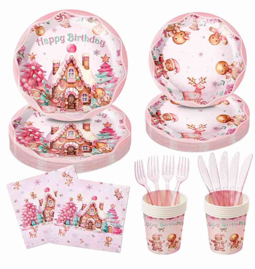 Christmas paper plates,cups, napkins bundle pink (similar)