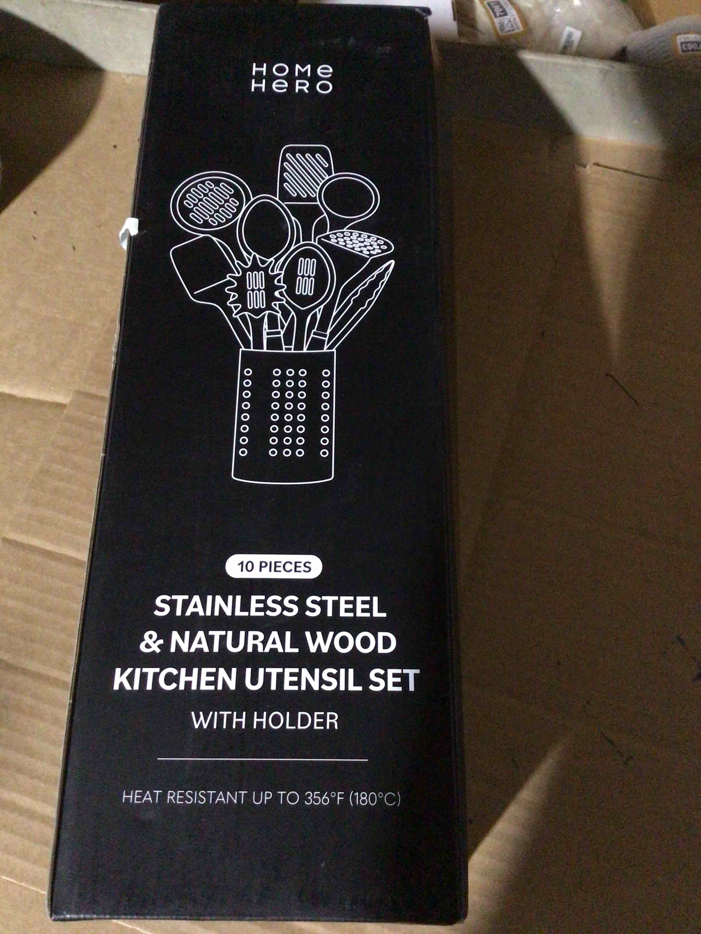 10-Piece Wooden Utensil Set with Holder, Spoon Rest & Hooks – Durable Non Toxic Cooking Utensils - Wooden Spoons for Cooking, Ideal Kitchen Utensil Set for Cooking Enthusiasts & House Warming