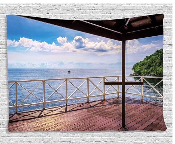 Ambesonne Modern Tapestry, Balcony Porch Sea Ocean View in Trinidad and Tobago Island Tropic Photo Image Art, Wide Wall Hanging for Bedroom Living Room Dorm, 80" X 60", Sea Blue Visit the Ambesonne Store
