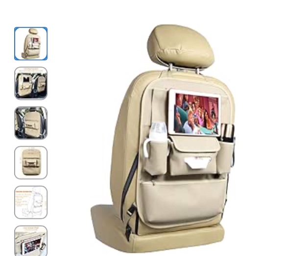 Viaviat Car Seat Organizers Waterproof Backseat Protector with Storage Pocket Large Leather Kick Mats for Kids Pets Automobile SUV Truck (Beige, Large Pocket)