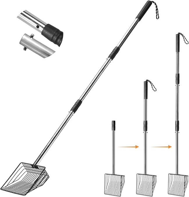 PETOCAT Metal cat litter scoop with Adjustable long handle, stainless steel handle 