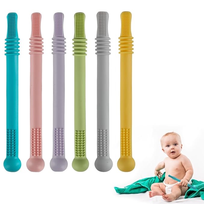 FUSTORE Fu Store Hollow Teether Tube Chew Straw Sensory Toy for Infant Toddlers Silicone Tubes Teething Toys for Babies 18-36 Months Gifts Learning Developmental Toys BPA Free Freezable 6 Pack