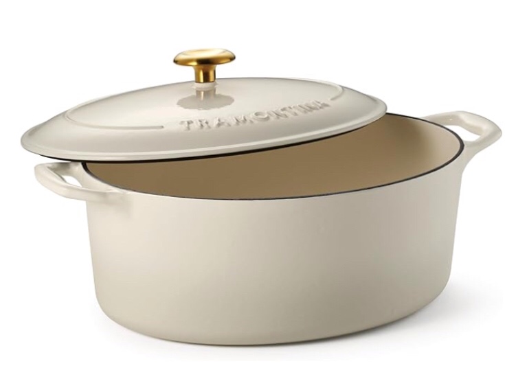 tramontina bestow enameled cast iron oval dutch oven pot with lid, large 7-quart, latte (gold knob)