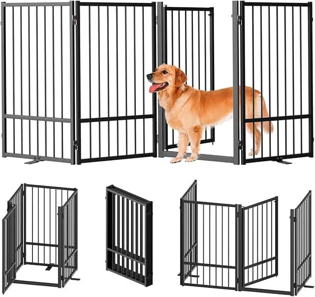 Full Metal Freestanding Dog Gate with Door, 32''Height Foldable Pet Dog Fence for Indoor & Outdoor, 4 Panels Extra Wide Free Standing TallDog Gates for Doorways,House,Stairs,Porch,Deck,Yard