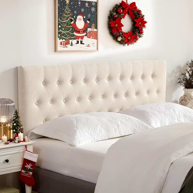 tufted upholstered headboard queen size, sturdy and durable solid wood bed headboard, fabric headboard adjustable height from 37” to 51”, modern button diamond design head board, beige