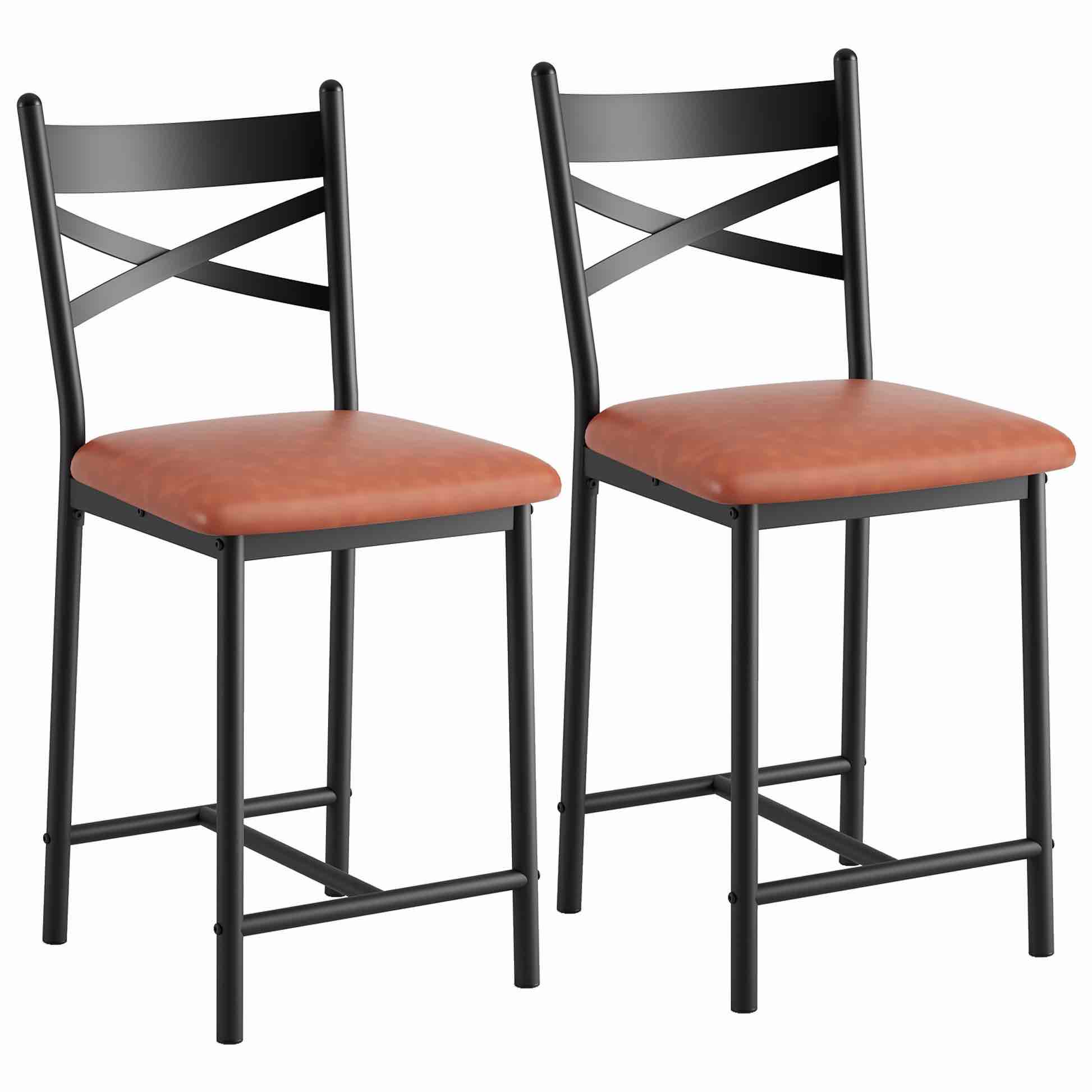 garvee bar stools set of 2, counter height bar stools with x back and thick cushion, pu leather, metal barstools for kitchen island apartment counter bar, brown