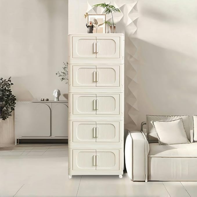 folding storage cabinet,white 5-tier