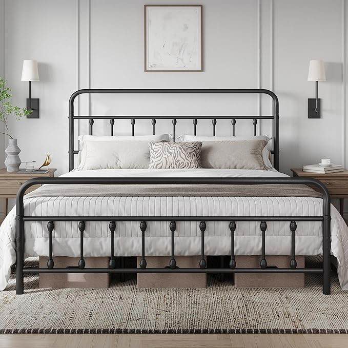 Yaheetech Classic Metal Platform Bed Frame Mattress Foundation with Victorian Style Iron-Art Headboard/Footboard/Under Bed Storage/No Box Spring Needed/California King Size Black