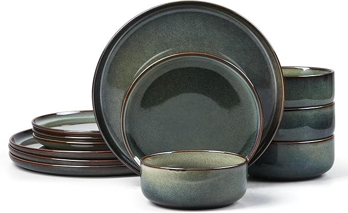 (11 pcs) linklife plates and bowls sets, ceramic dinnerware sets, 12 pieces modern stoneware dinnerware set for 4, reactive glaze dinnerware set for home kitchen, scratch resistant, microwave and dishwasher white