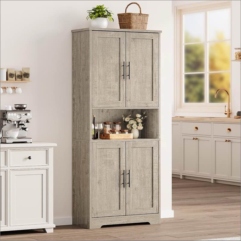 Tall Kitchen Pantry Cabinet, 70in Kitchen Storage Cabinet With 4 Doors And Adjustable Shelves, Open Shelf, Freestanding Cupboard For Dining Room, Bathroom, Laundry Room, Gray