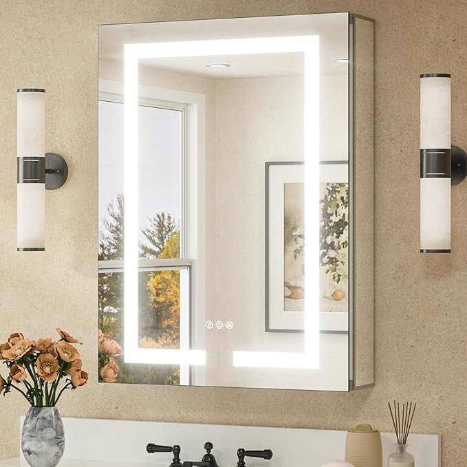 TETOTE 24 x 32 LED Lighted Medicine Cabinet with Lights & Outlets & USB, Recessed or Surface Mount Medicine Cabinet Mirror for Bathroom with Storage, Tempered Glass, 3-Color Dimming, Adjustable Shelf