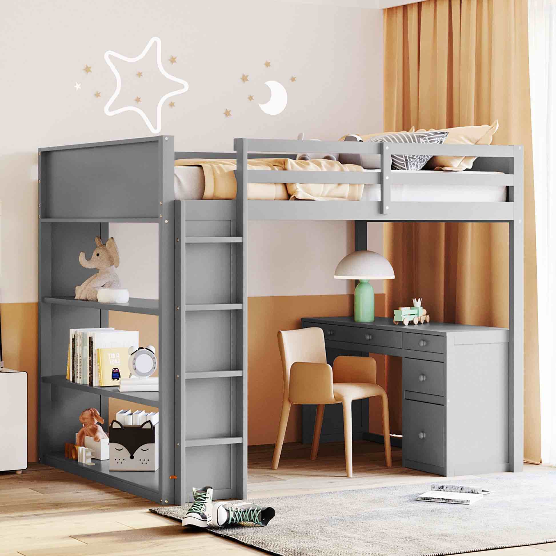 (incomplete one box of two only) Full Size Loft Bed With Ladder, Shelves, And Desk, Gray Gray Solid Wood Mdf
