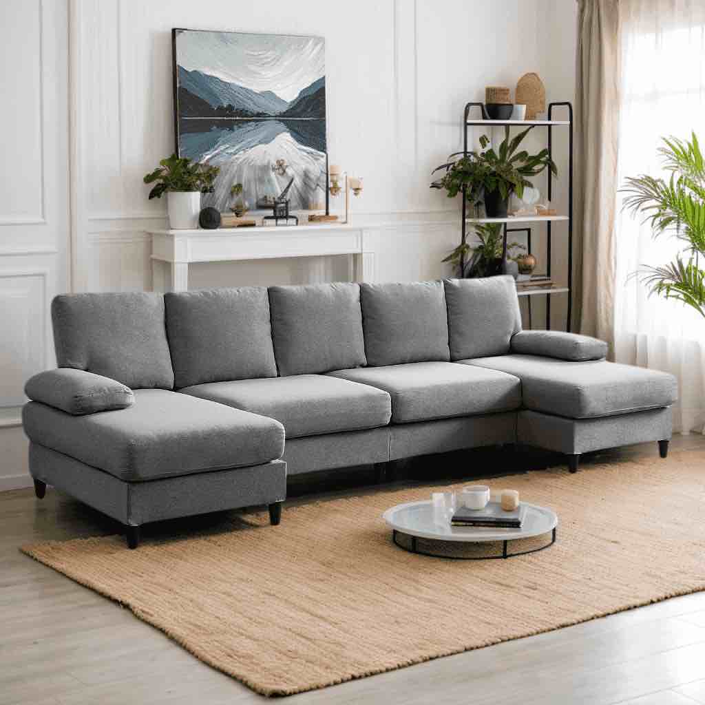 Sectional Couches for Living Room, U-Shaped Sofa Couch with Linen Fabric, 4 Seat Sofa Set with Double Chaise for Apartment, light gray ( incomplete one box only)