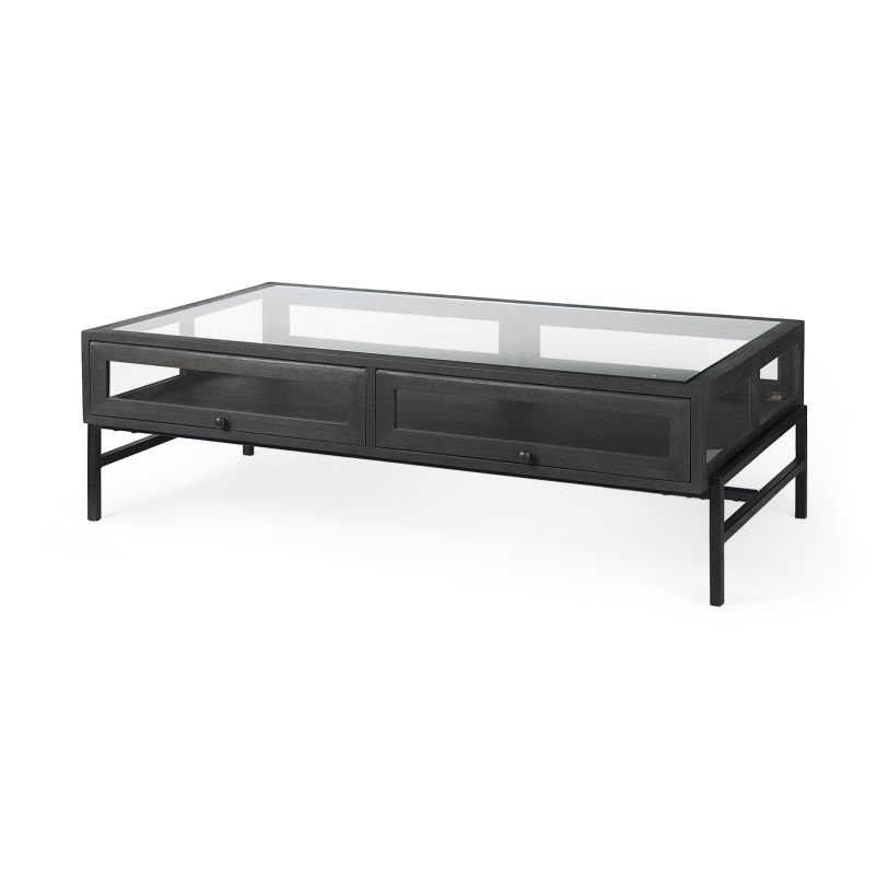 Mercana Arelius 42"L Rectangular Glass-Top Black-Brown Wood w/ Black Metal Base Display Coffee Table 69746 