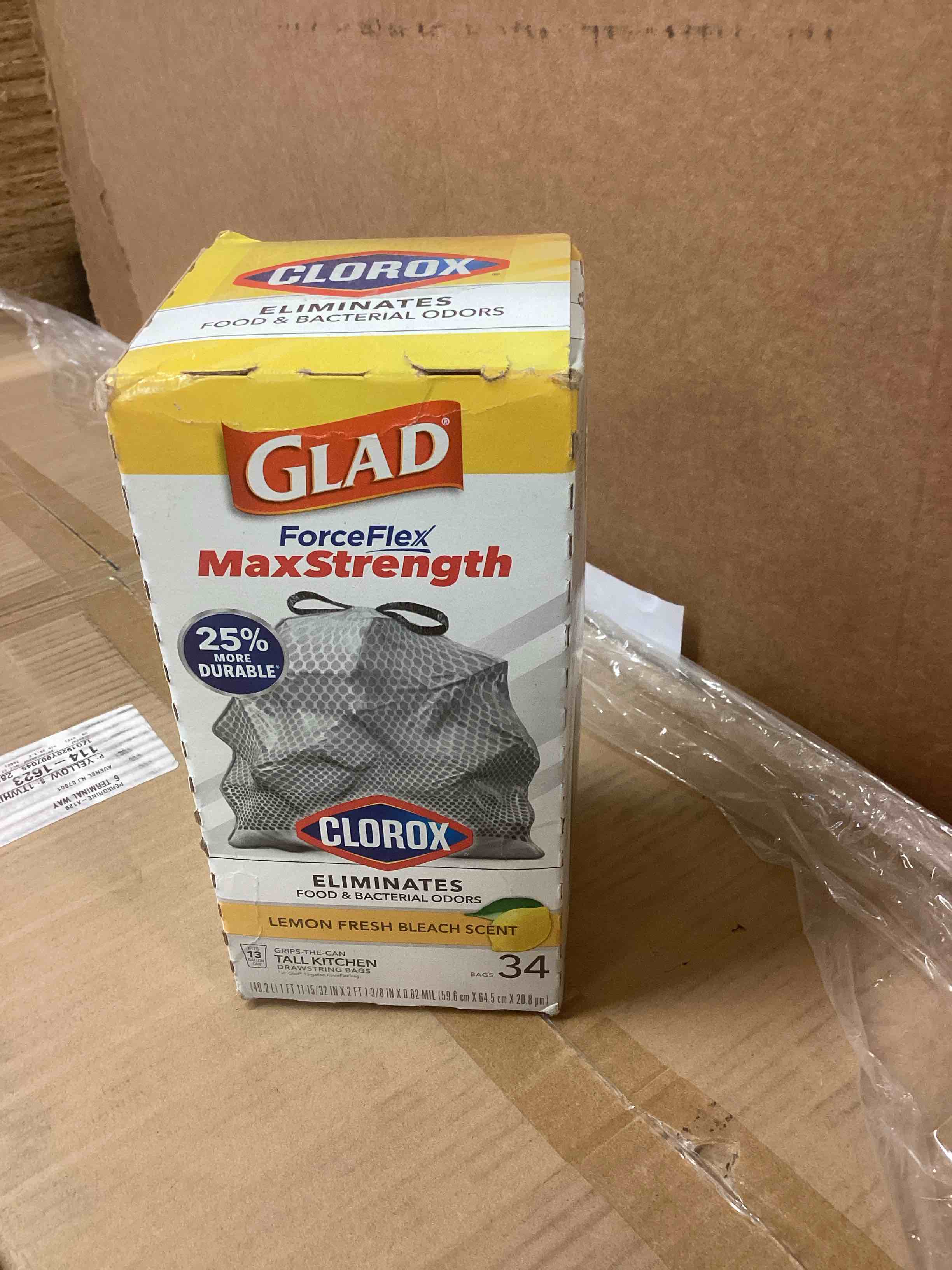 Condition photo showing New/Like New for Glad ForceFlex MaxStrength with Clorox Tall Kitchen Trash Bags, 13 Gal, 34 Ct (Package May Vary) Lemon Fresh Bleach 34 Count (Pack of 1)
