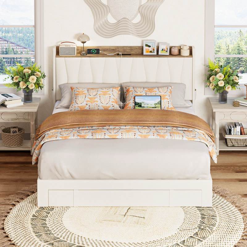 upholstered bed frame with 3 drawers, bed with storage headboard and charging station king beige