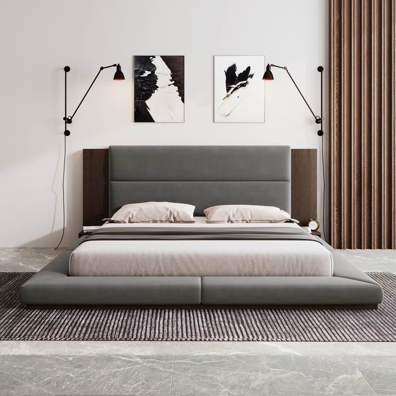 oryss modern platform bed with integrated nightstand and velvet upholstery queen gray(incomplete box 2/2)