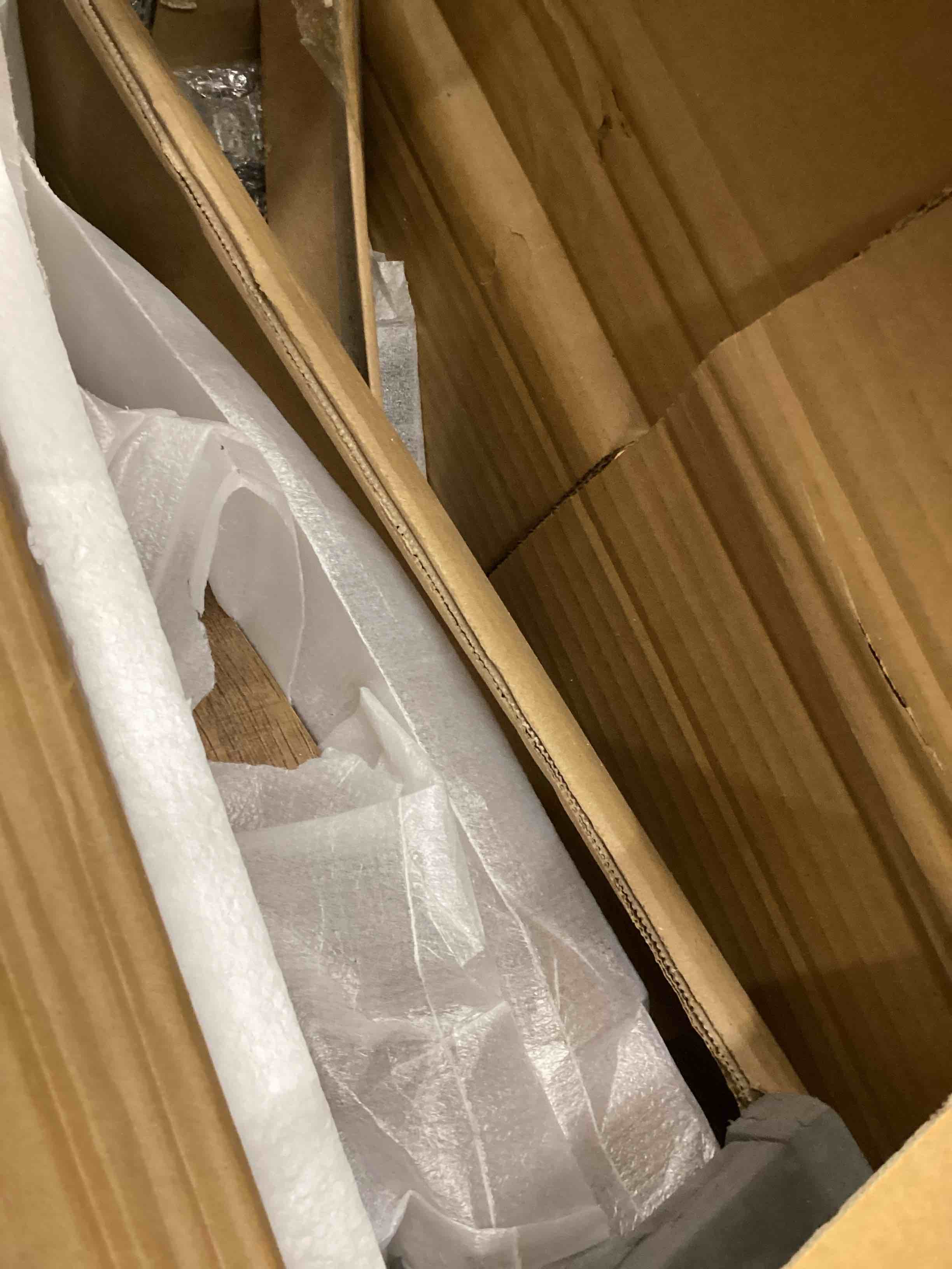 Condition photo showing Good Condition for Farini 47" Solid Wood Round Dining Table, Kitchen Table with Sturdy Metal Base, Seats 4-6, for Dining Room and Kitchen,Walnut Table Top and Black Leg